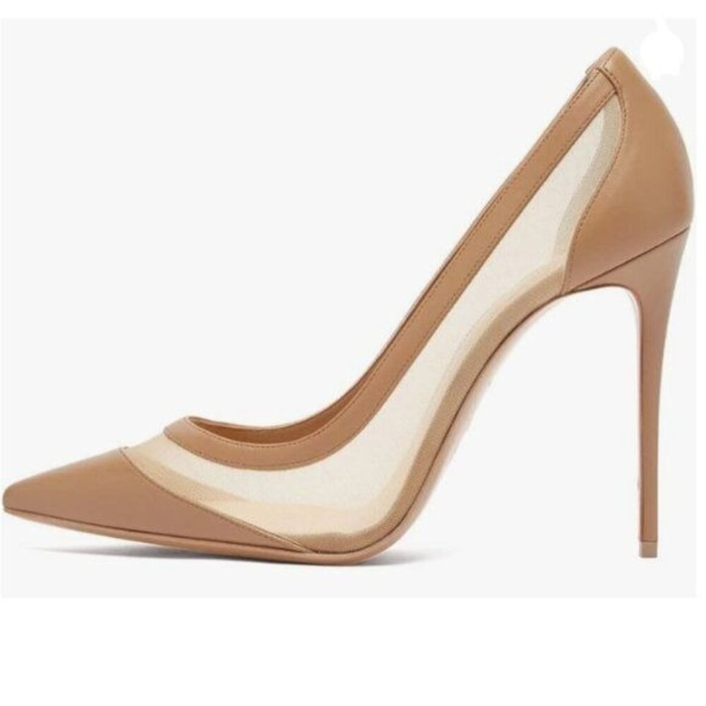 FSJ Beige High Heels Pointed Toe Pump Trendy Mesh Party Office Dress Shoe